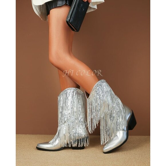 Women's Silver Leather Like Thick Heeled Tassels & Sequins Pointed Booties - Picture 4 of 6